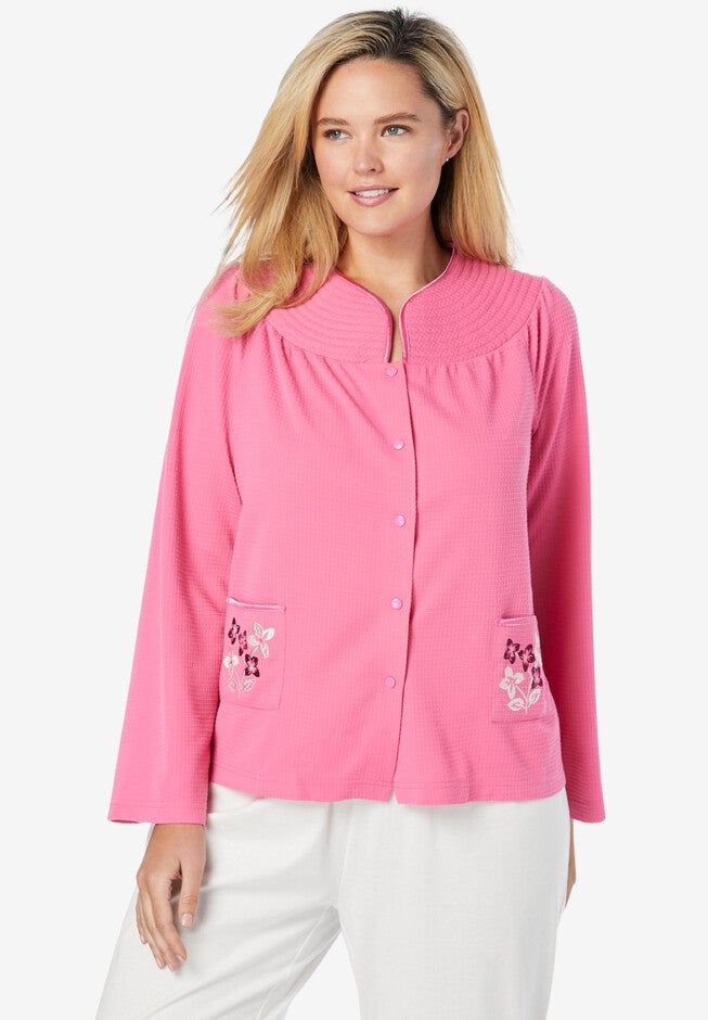 Short Waffle Knit Embroidered Bed Jacket, PEONY PETAL, hi-res image number null