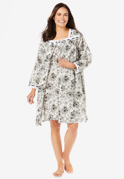 Short 2-Piece Cabbage-Rose Print Peignoir Set, BLACK WHITE FLORAL, hi-res image number null