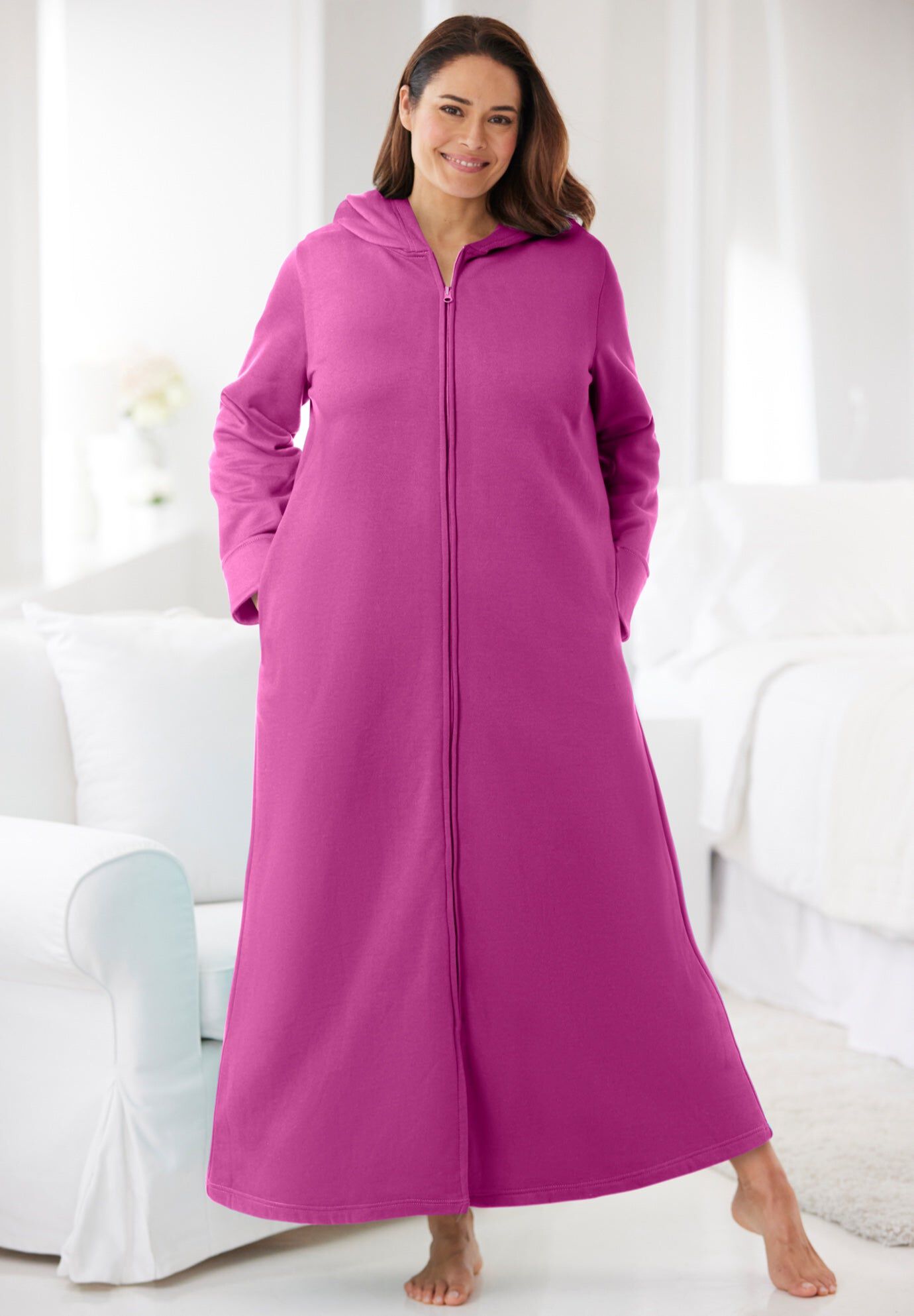 Long Hooded Fleece Sweatshirt Robe, RICH MAGENTA, hi-res image number 0