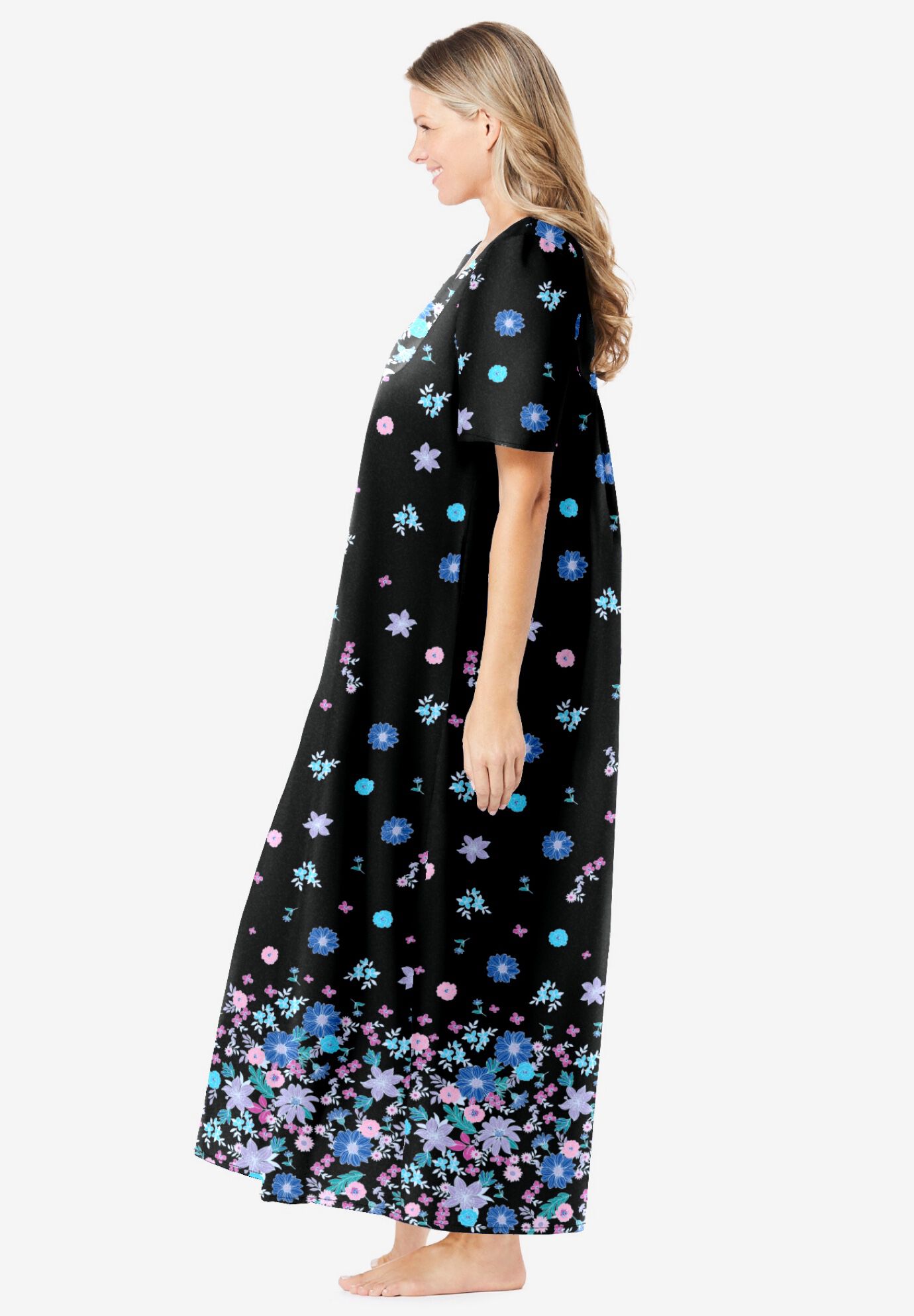 Bib-Front Short Sleeve Maxi Lounger, BLACK BLOSSOMS, alternate image number 2