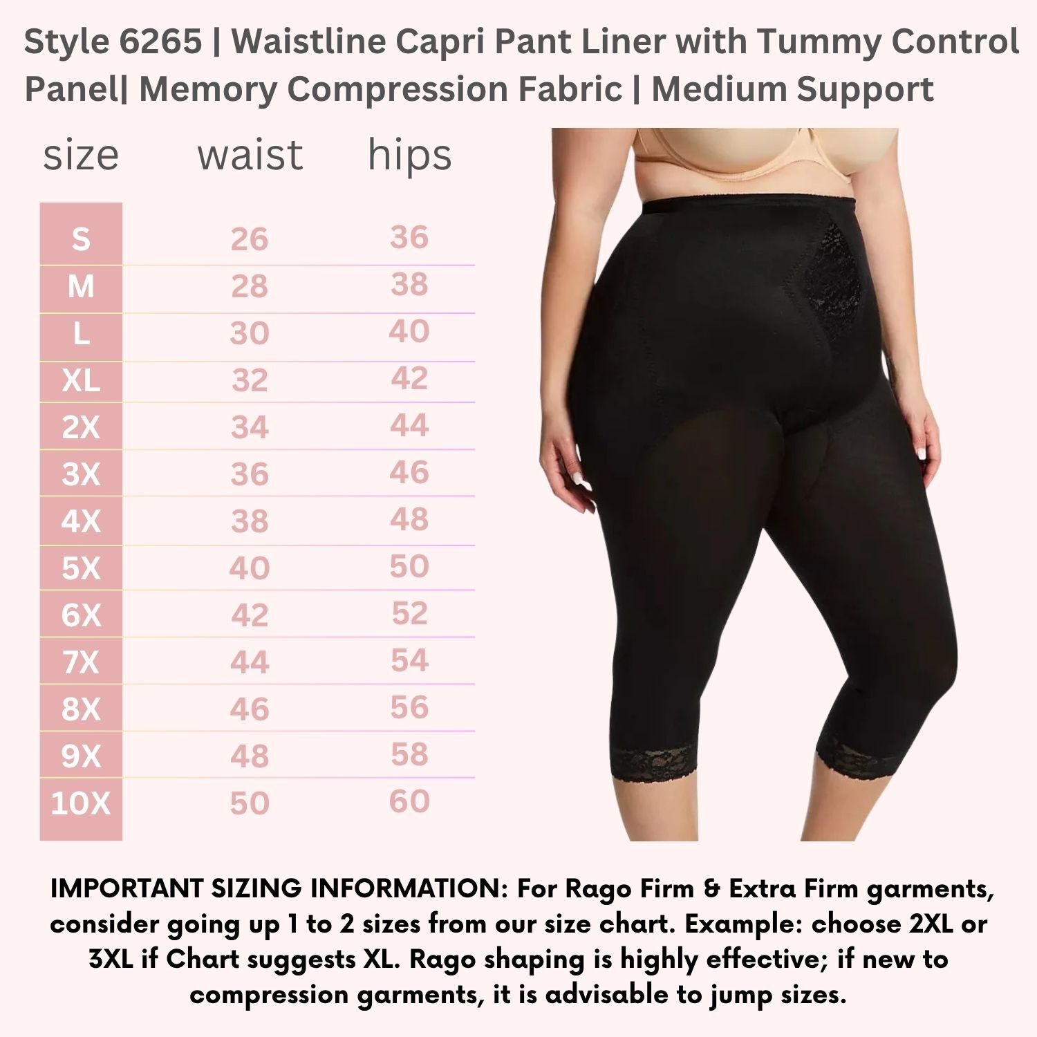 Moderate Control Waistline Capri Pant Liner with Tummy Control Panel Memory Compression Fabric 6265, BLACK, alternate image number 5
