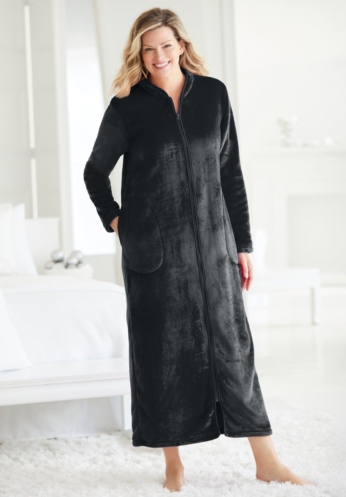 Plush Zip-Front Robe, BLACK, hi-res image number 0