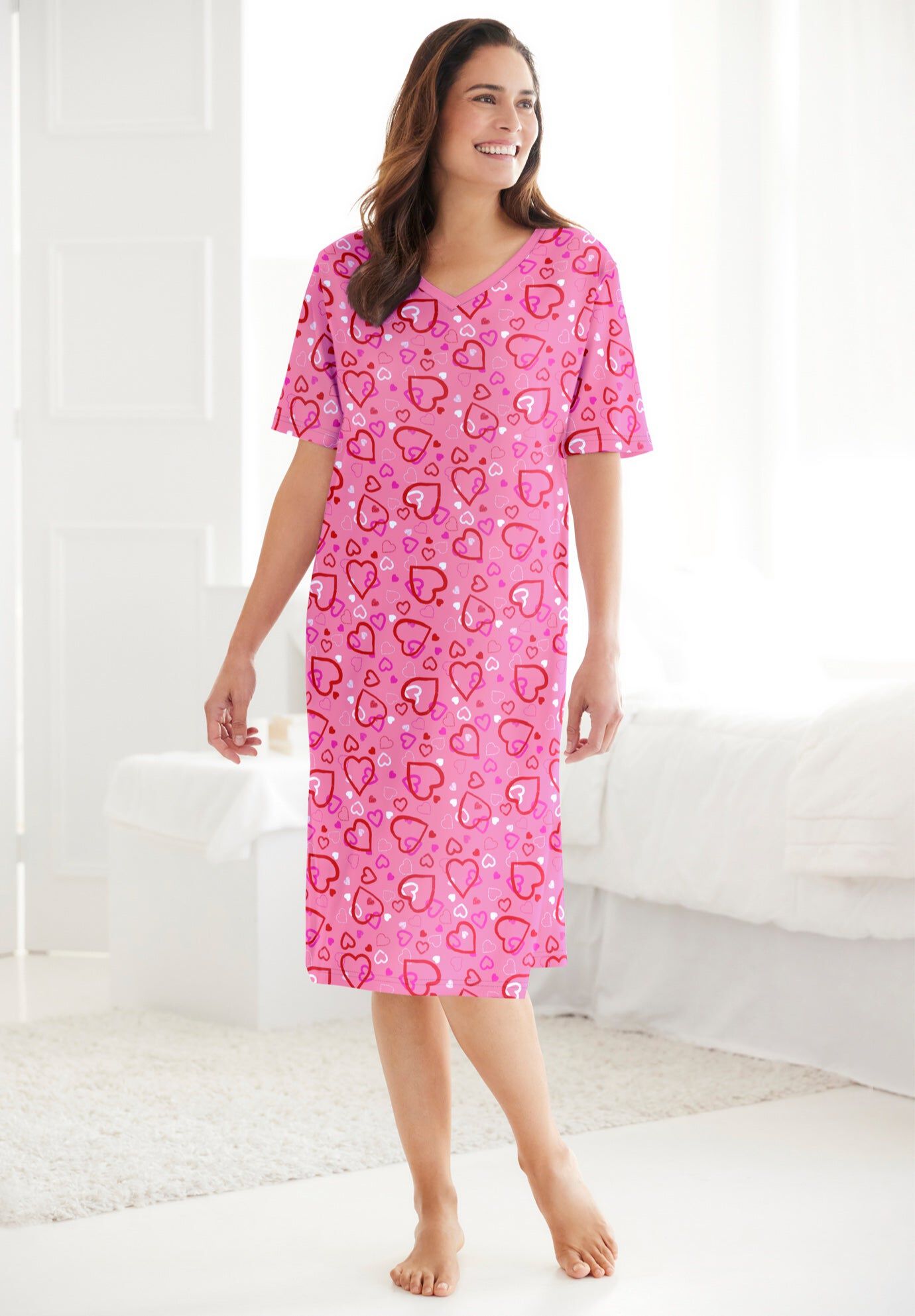 V-Neck Short Sleeve Knee-Length Cotton Sleepshirt, PINK HEARTS, hi-res image number 0