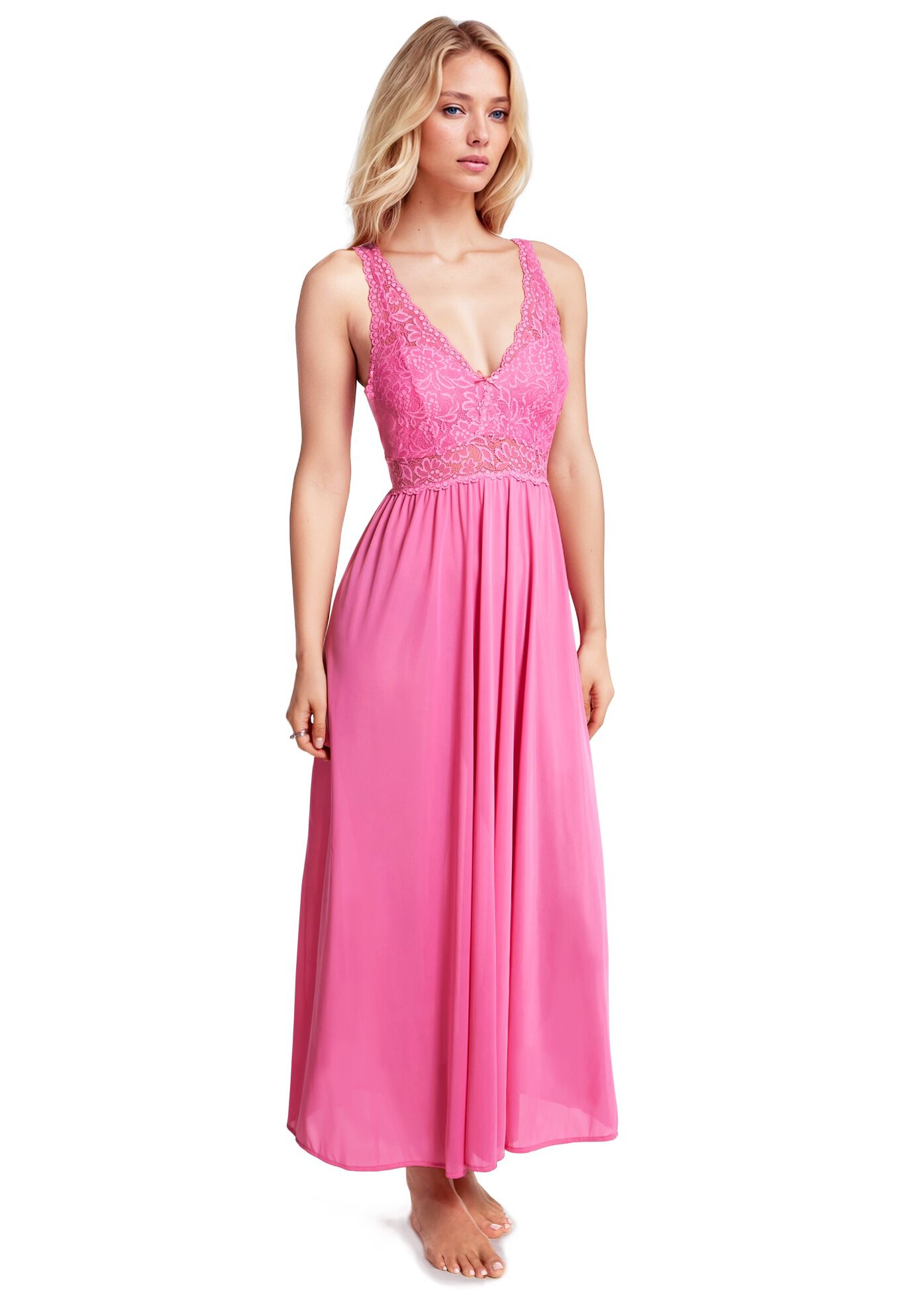 Women&#39;S Classy Nylon Tricot Sleeveless Long With Stretchy Lace Night Gown, PERFUME ROSE, hi-res image number 0