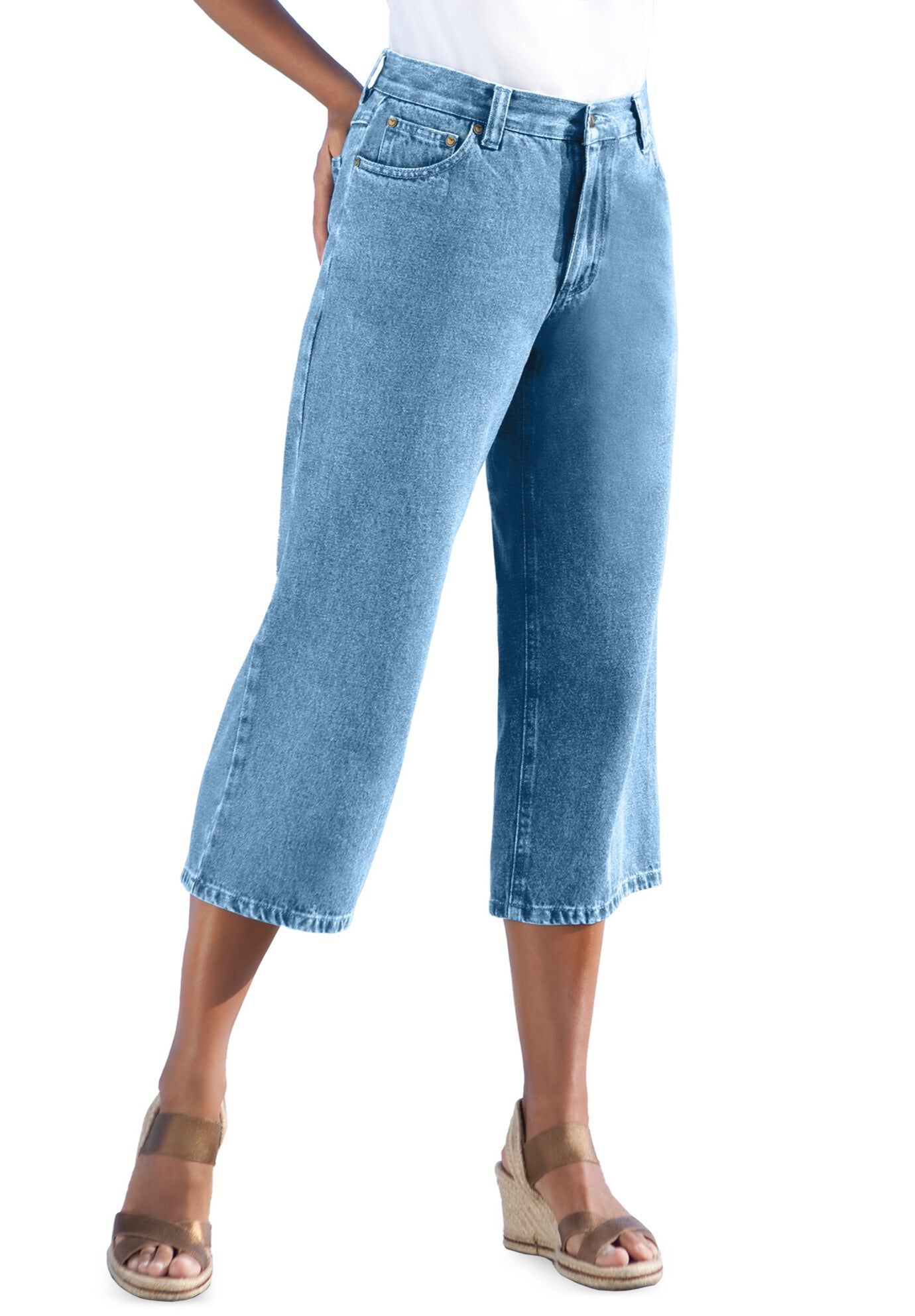 Perfect 5-Pocket Back-Elastic Denim Capri, LIGHT STONEWASH, hi-res image number 0