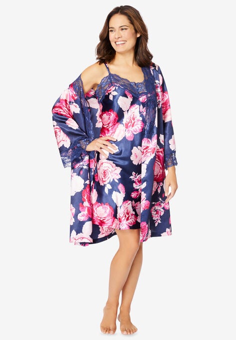 The Luxe Satin Short Peignoir Set , NAVY ROSES, hi-res image number null