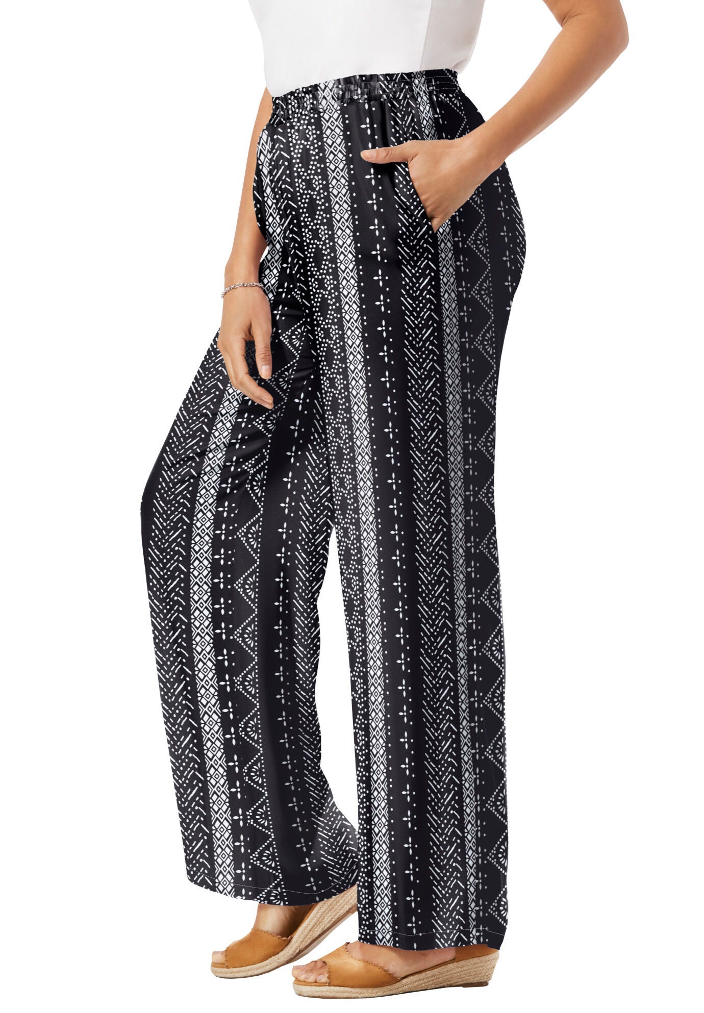 Pull-On Elastic Waist Soft Pants, BLACK BATIK STRIPE, alternate image number 2