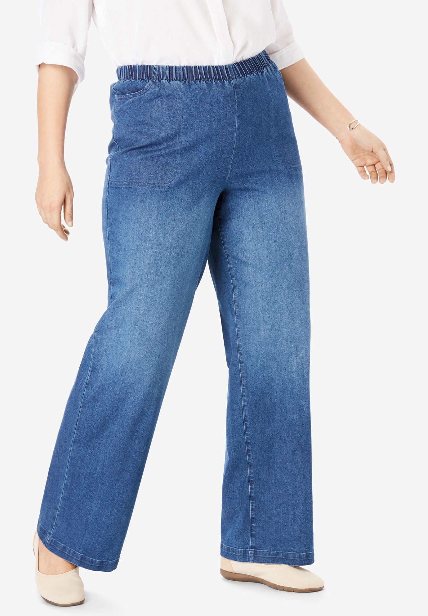 Fineline Stretch Denim Wide-Leg Pull-On Jeans, STONEWASH SANDED, hi-res image number 0
