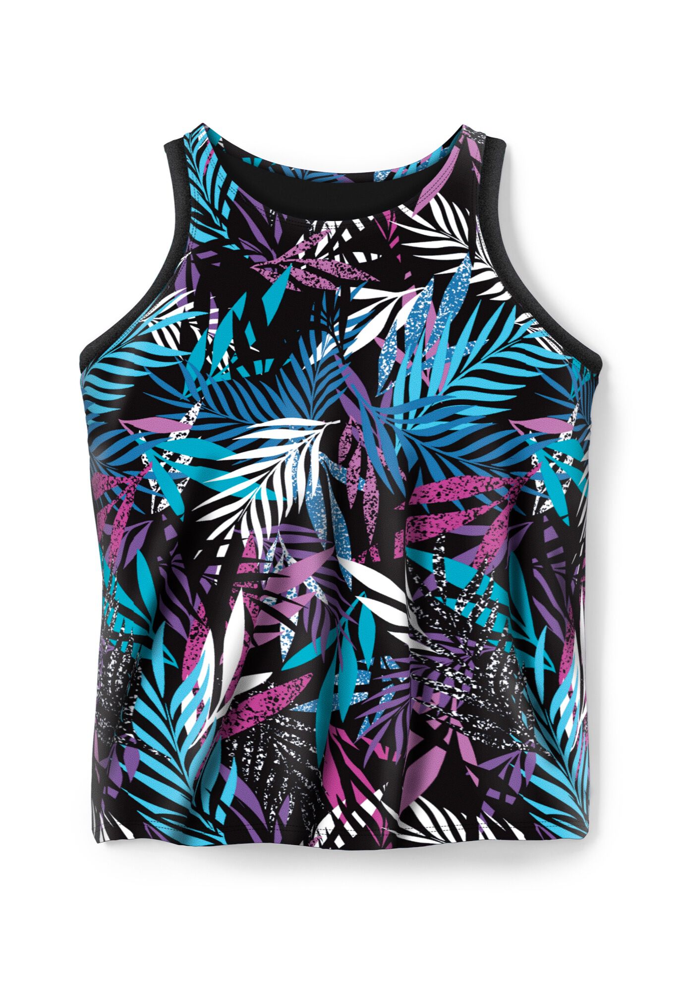 Longer-Length High-Neck Racerback Tankini Top, PINK TEXTURED PALM, alternate image number 3