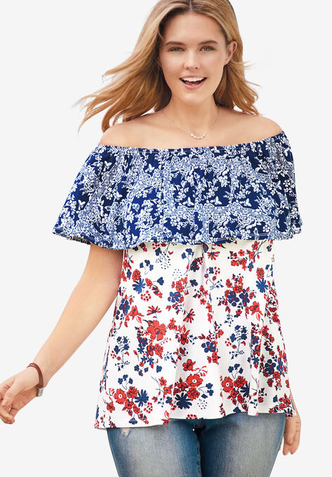 Off Shoulder Ruffle Tee, EVENING BLUE MIX PRINT, hi-res image number null