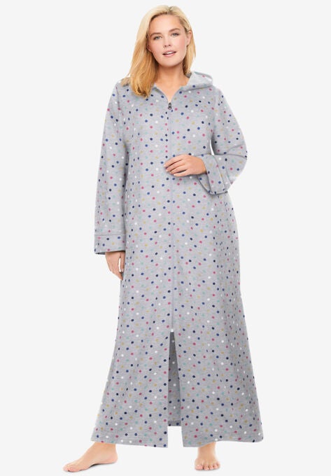 Long Hooded Fleece Sweatshirt Robe, HEATHER GREY MULTI DOT, hi-res image number null