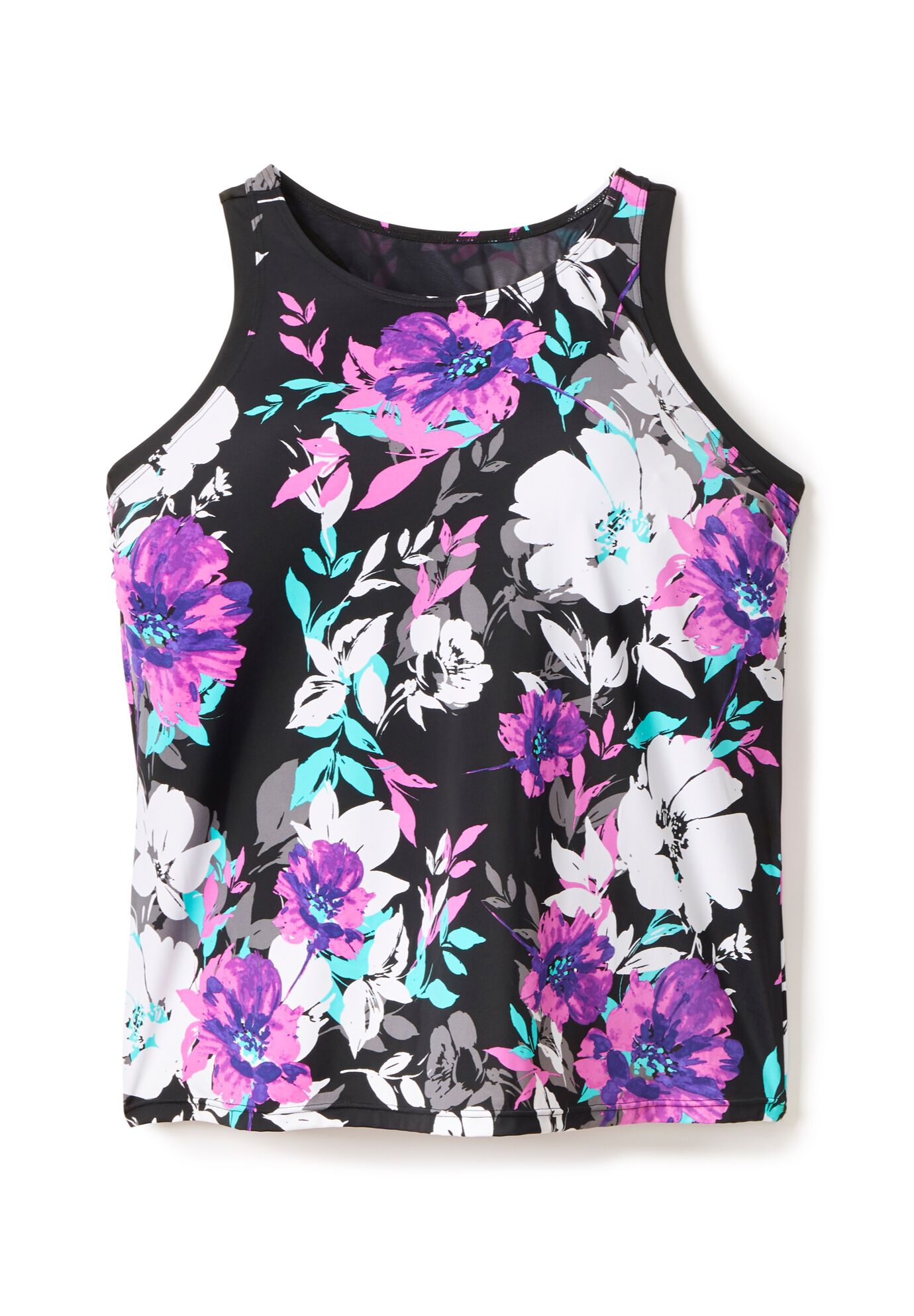 Longer-Length High-Neck Racerback Tankini Top, PINK GRAPHIC PEONY, alternate image number 3