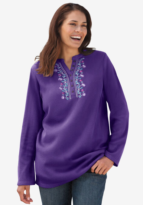 Embroidered Thermal Henley Tee, RADIANT PURPLE VINE EMBROIDERY, hi-res image number null