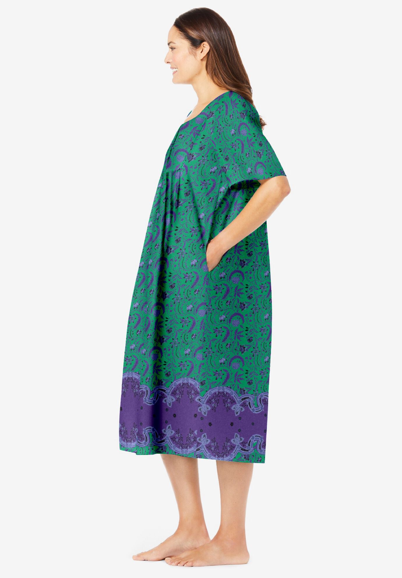 Bib-Front Short Sleeve Short Lounger, KELLY GREEN FOLK FLORAL, alternate image number 2