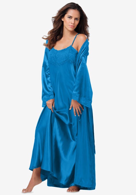 The Luxe Satin Long Peignoir Set, POOL BLUE, hi-res image number null
