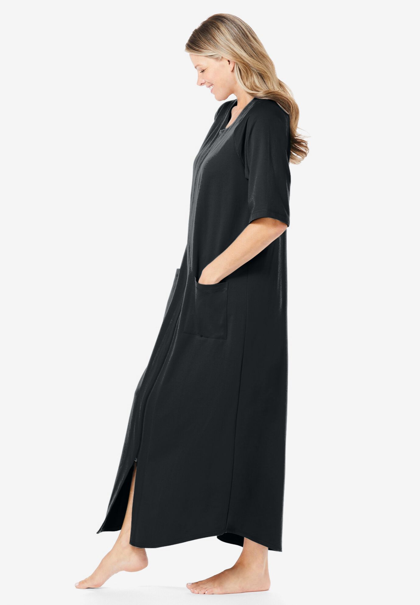 Everyday Long French Terry Zip-Front Robe, Black Swimsuits For All