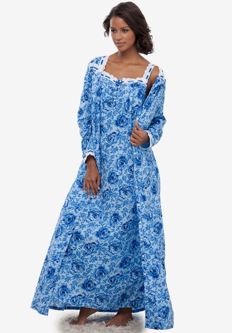 2-Piece Cabbage-Rose Print Peignoir Set, BLUE FLORAL, hi-res image number null