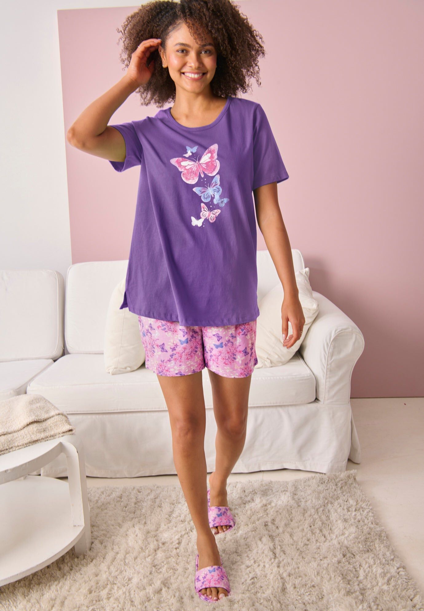 Knit PJ Short Set, PLUM BURST FLORAL BUTTERFLY, hi-res image number 0