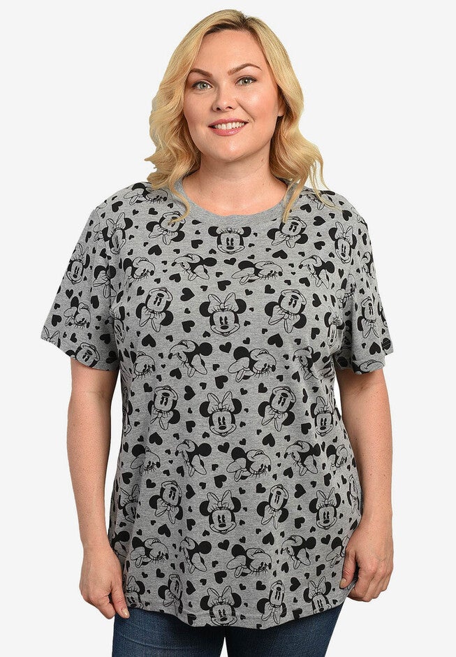 Disney Women's Minnie Mouse Hearts All-Over T-Shirt Gray, GRAY, hi-res image number 0