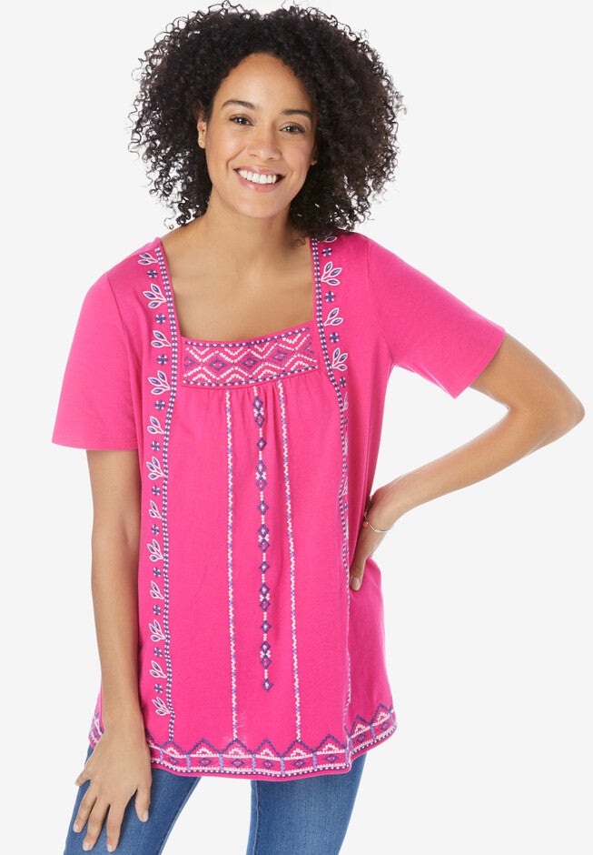 Embroidered Square Neck Tee, RASPBERRY SORBET MULTI EMBROIDERY, hi-res image number null