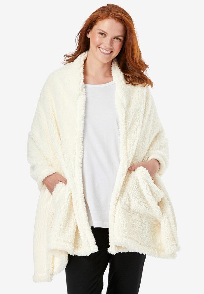 Drape-Over Sherpa Wrap , IVORY, hi-res image number null
