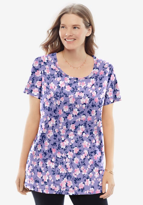 Perfect Printed Short-Sleeve Scoop-Neck Tee, SOFT IRIS BLOSSOM VINE, hi-res image number null