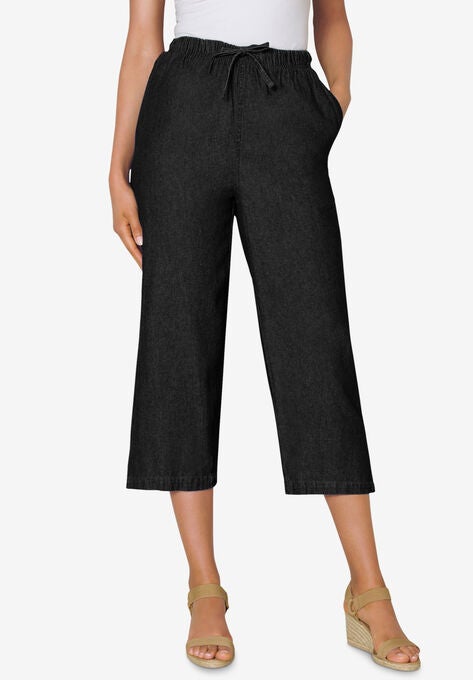 Drawstring Chambray Relaxed Capri, BLACK, hi-res image number null