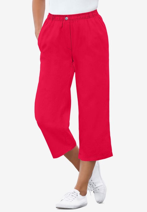 Elastic-Waist Cotton Capri, VIVID RED, hi-res image number null