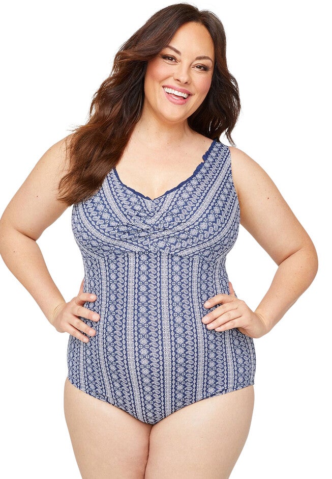 Ruched Bandana One-Piece Swimsuit, BANDANA STRIPE NAVY, hi-res image number 0
