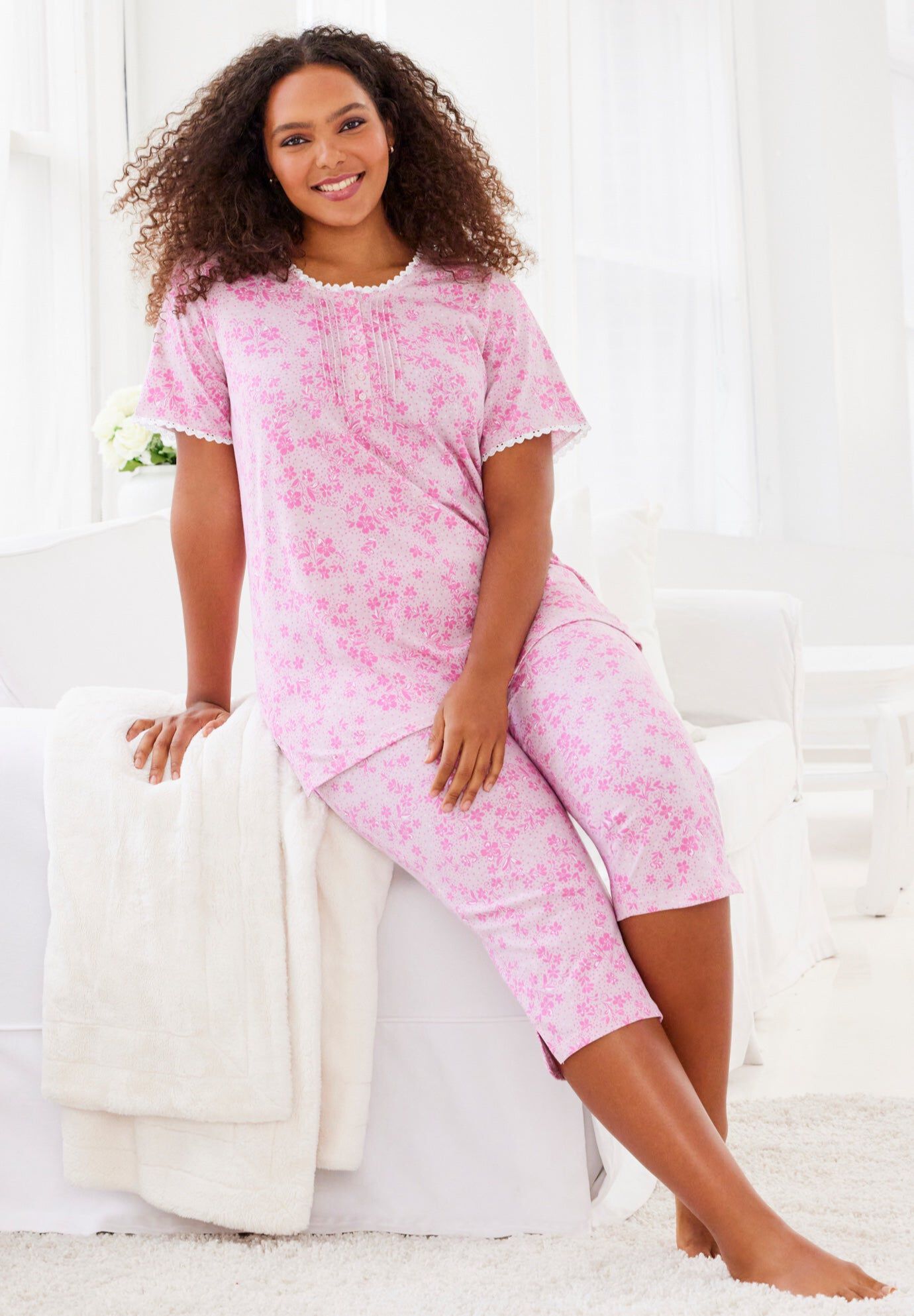 2-Piece Pintuck Tee and Capri Sleep Set, PINK DANCING FLORAL, hi-res image number 0