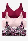 3-Pack Front-Close Cotton Wireless Bra, POMEGRANATE ASSORTED, hi-res image number null