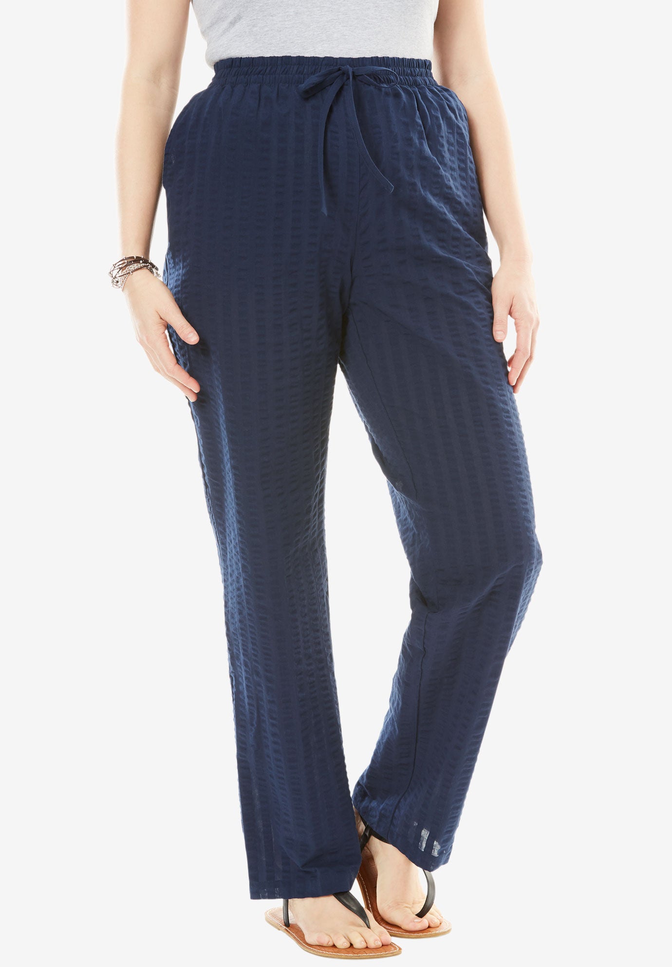 Seersucker Pull-on Elastic-Waist Pants
