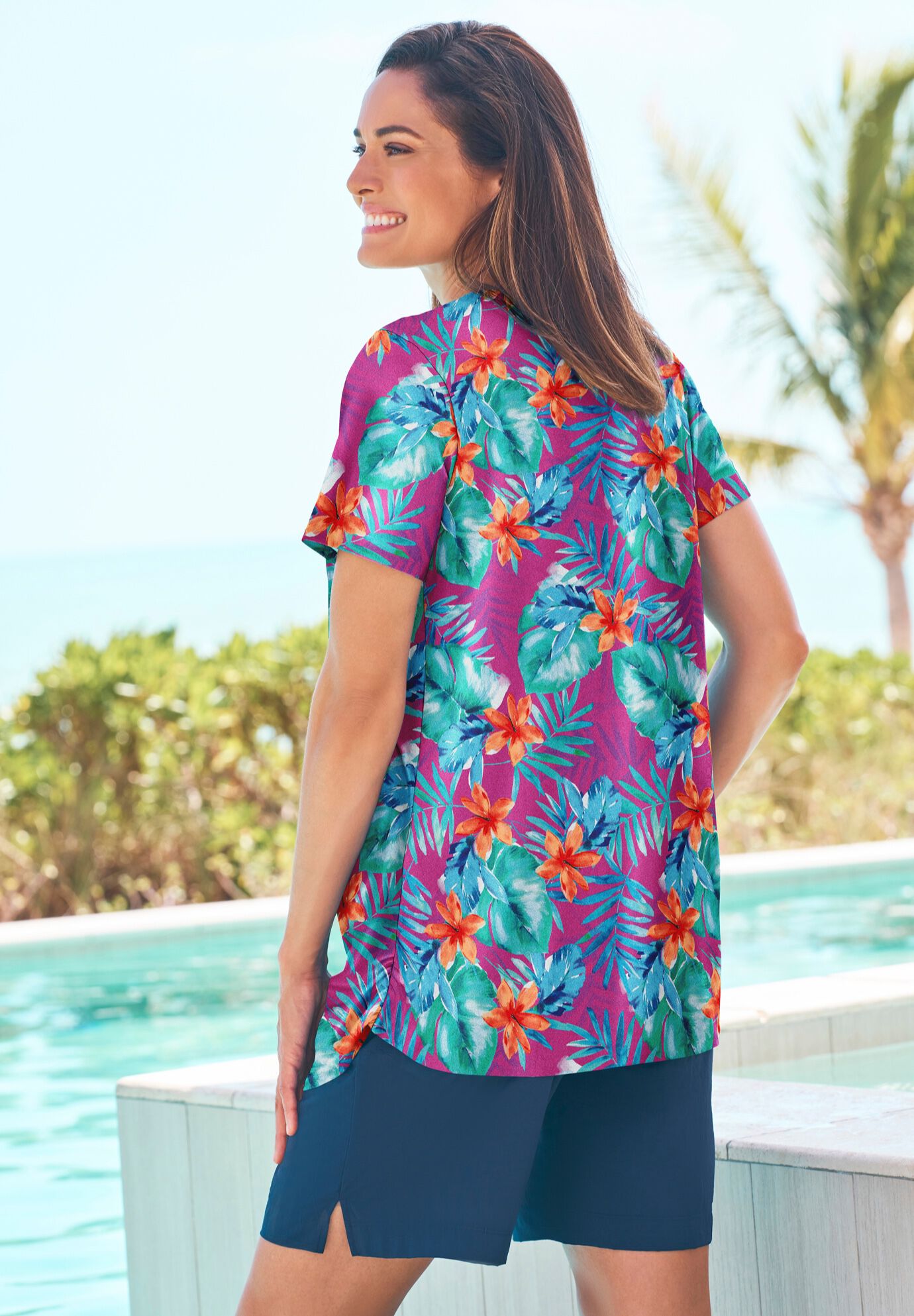Everyday Split Neck Short Sleeve Swim Tee with Built In Bra Hula Palm Swimsuits For All