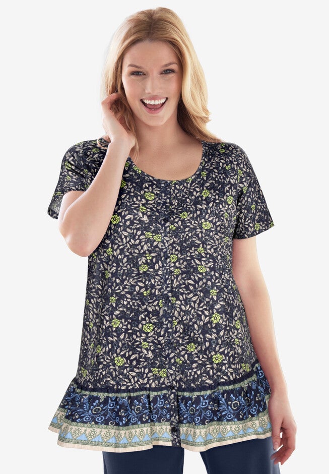 U-Neck Button Front Tee, NAVY DITSY BORDER, hi-res image number null