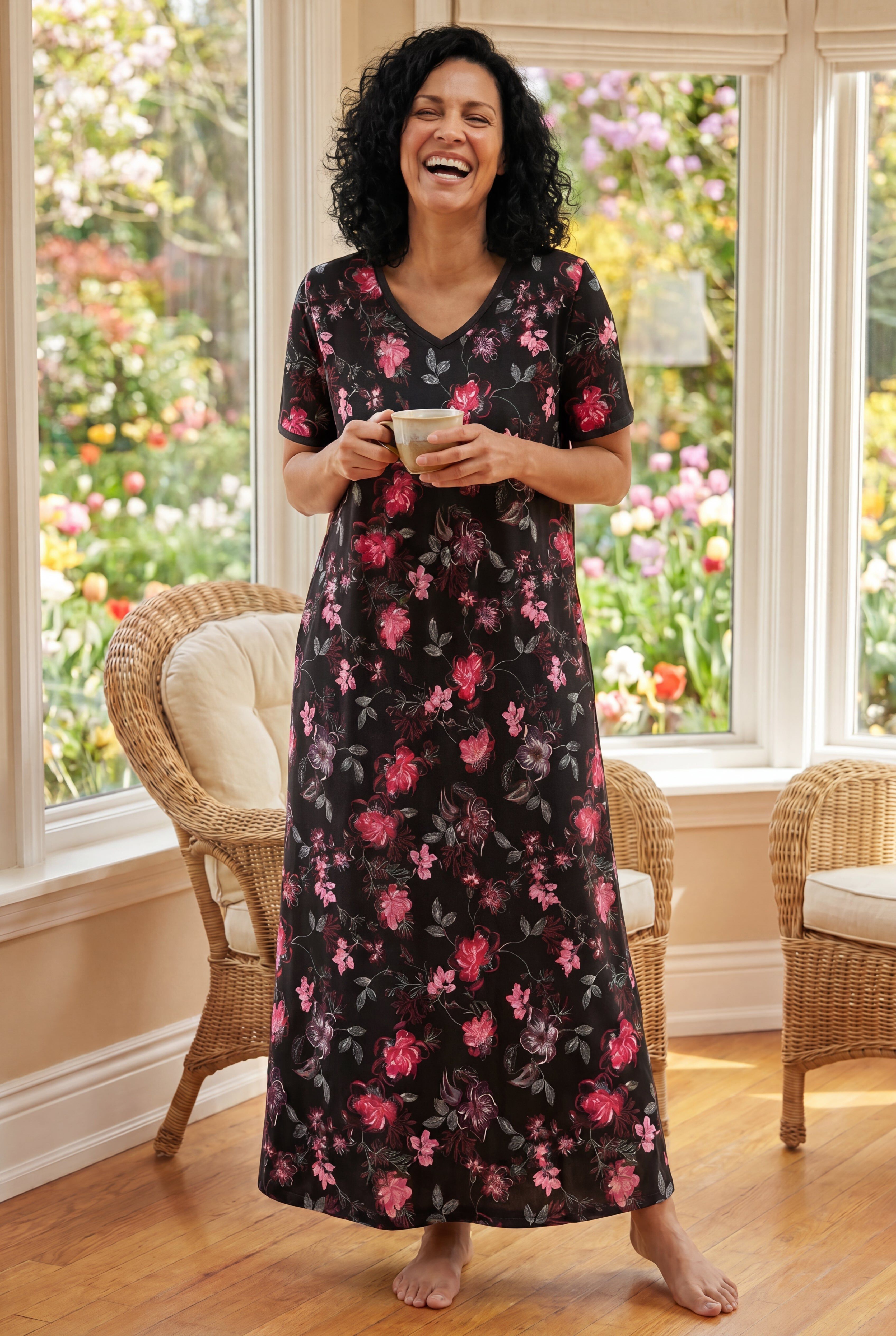 V-Neck Short Sleeve Maxi T-Shirt Lounger, BLACK BOUQUET, hi-res image number 0