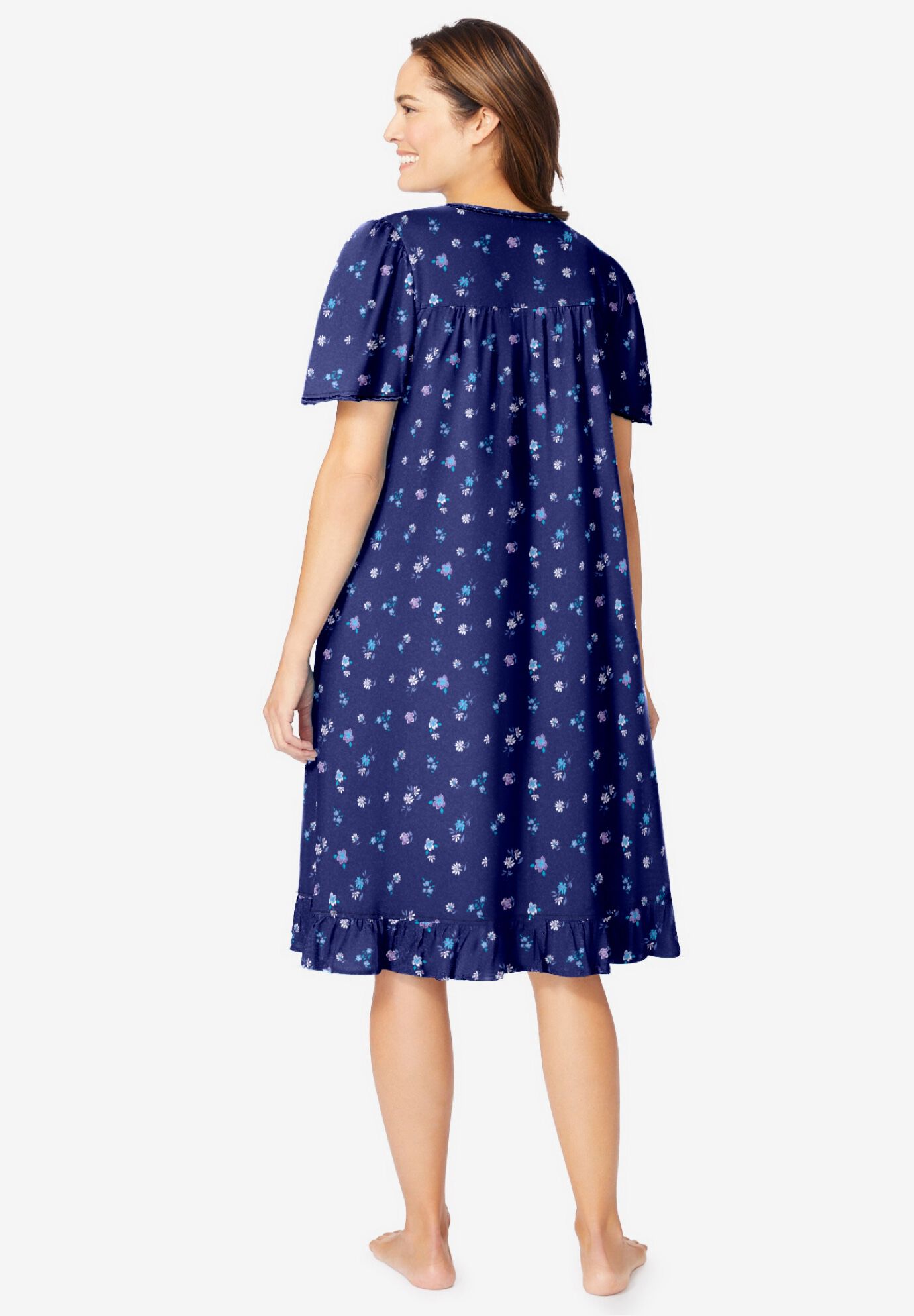 Short Floral Print Cotton Gown, EVENING BLUE FLOWERS, on-hover image number 1