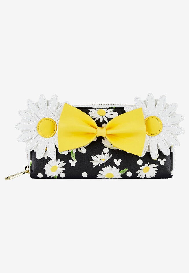 Loungefly X Disney Minnie Mouse Daisies Zip Around Wallet Bow Black, BLACK, hi-res image number 0