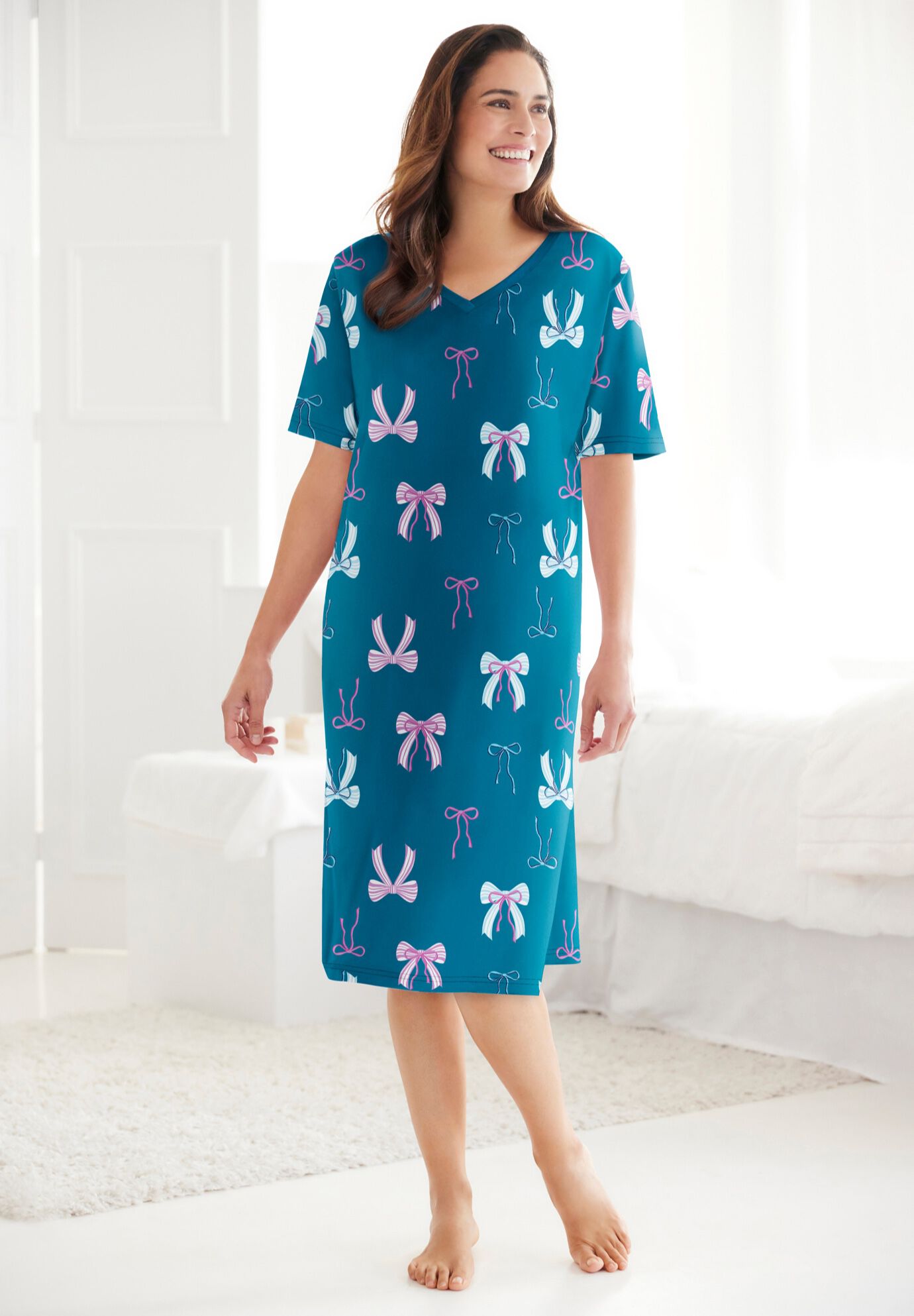 V-Neck Short Sleeve Knee-Length Cotton Sleepshirt, , alternate image number 3