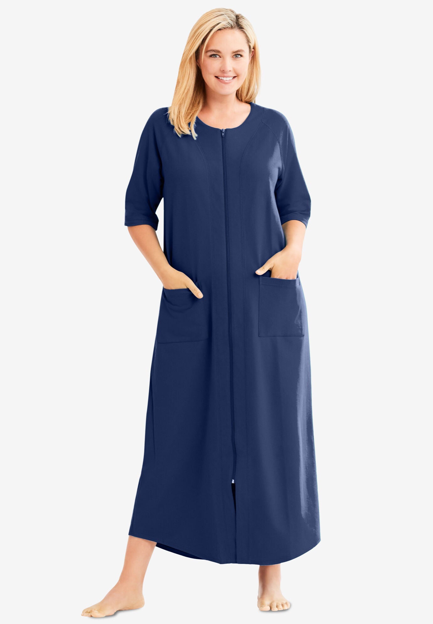 Long French Terry Zip-Front Robe, EVENING BLUE, hi-res image number 0