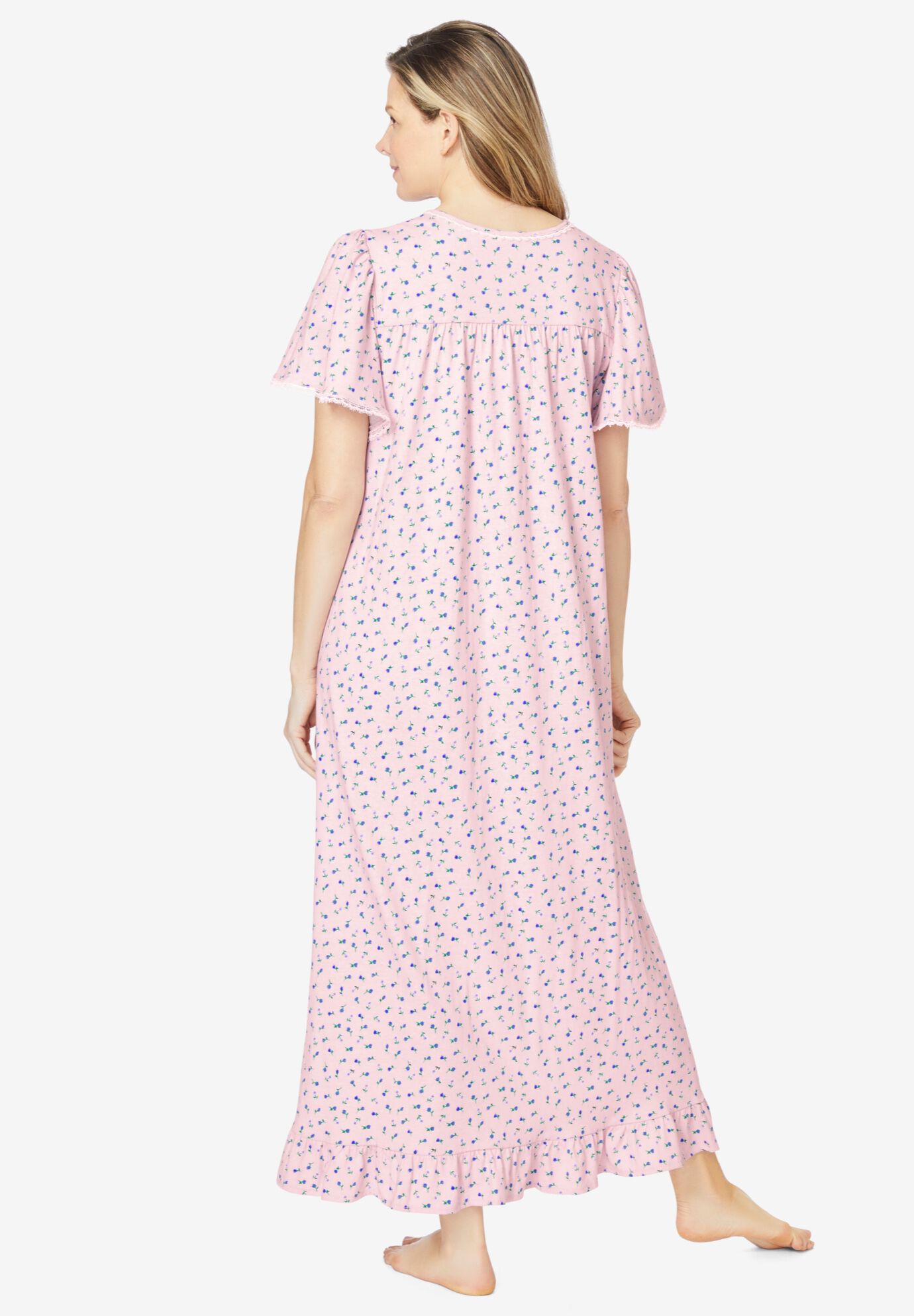 Long Floral Print Cotton Gown, PINK DITSY, on-hover image number 1