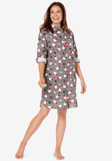 Sleepshirt in plaid flannel with button front, MEDIUM HEATHER GREY SANTA, hi-res image number null