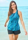 Longer-Length Racerback Tankini Top, AQUA ABSTRACT, hi-res image number null