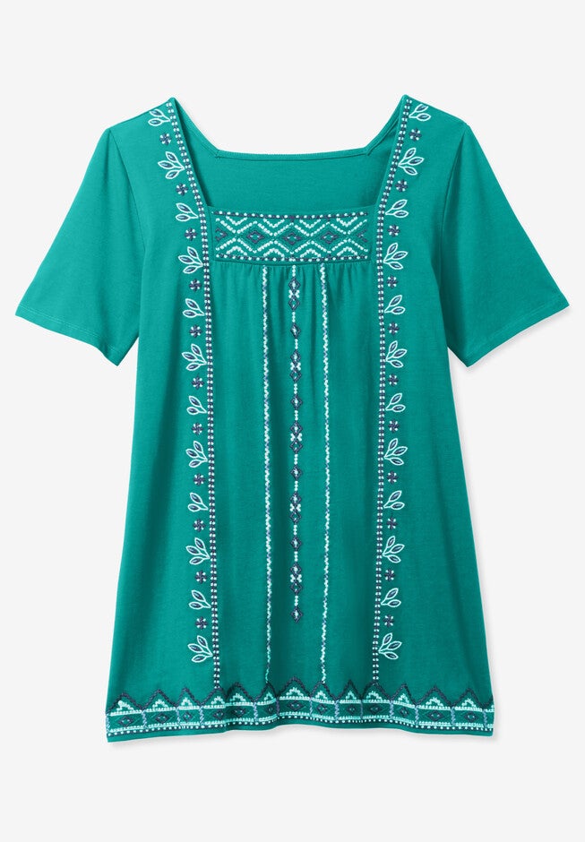 Embroidered Square Neck Tee, , alternate image number null