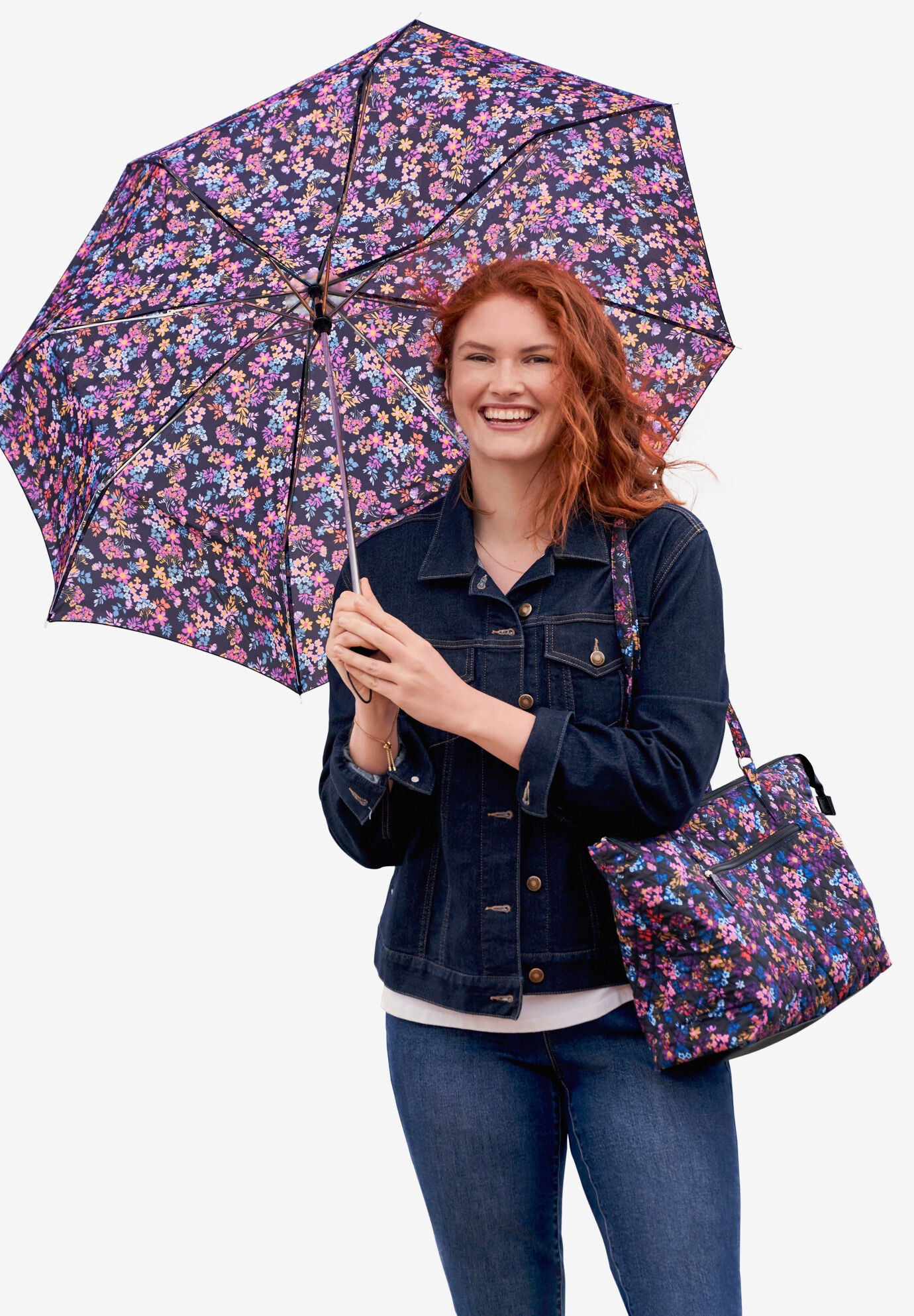 Umbrella and Tote Set, BLACK TOSSED FLORALS, on-hover image number 1