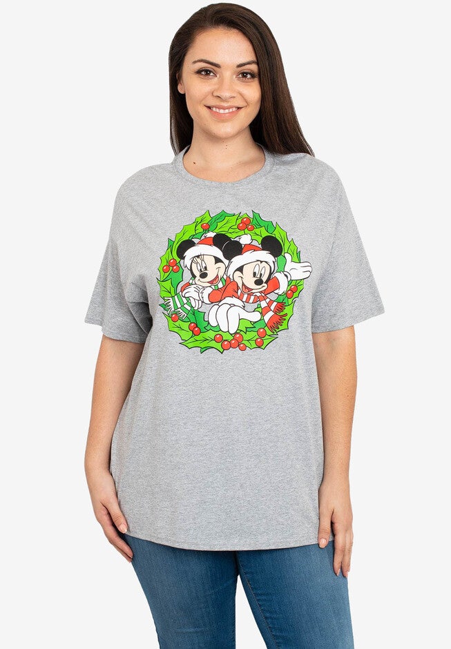 Disney Minnie & Mickey Mouse Christmas T-Shirt Wreath Santa Gray, GRAY, hi-res image number null