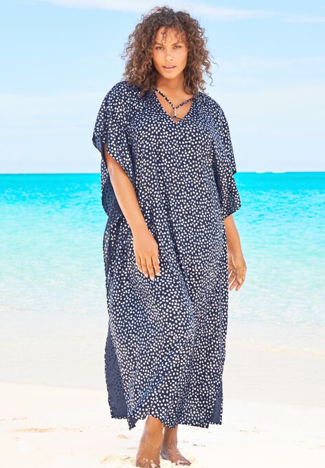 V-Neck Swim Caftan, NAVY SILVER DOTS, hi-res image number null