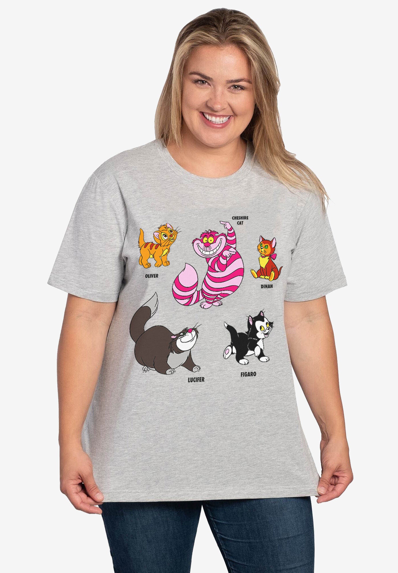 Disney Cats Short Sleeve T-Shirt Cheshire Cat Figaro Gray