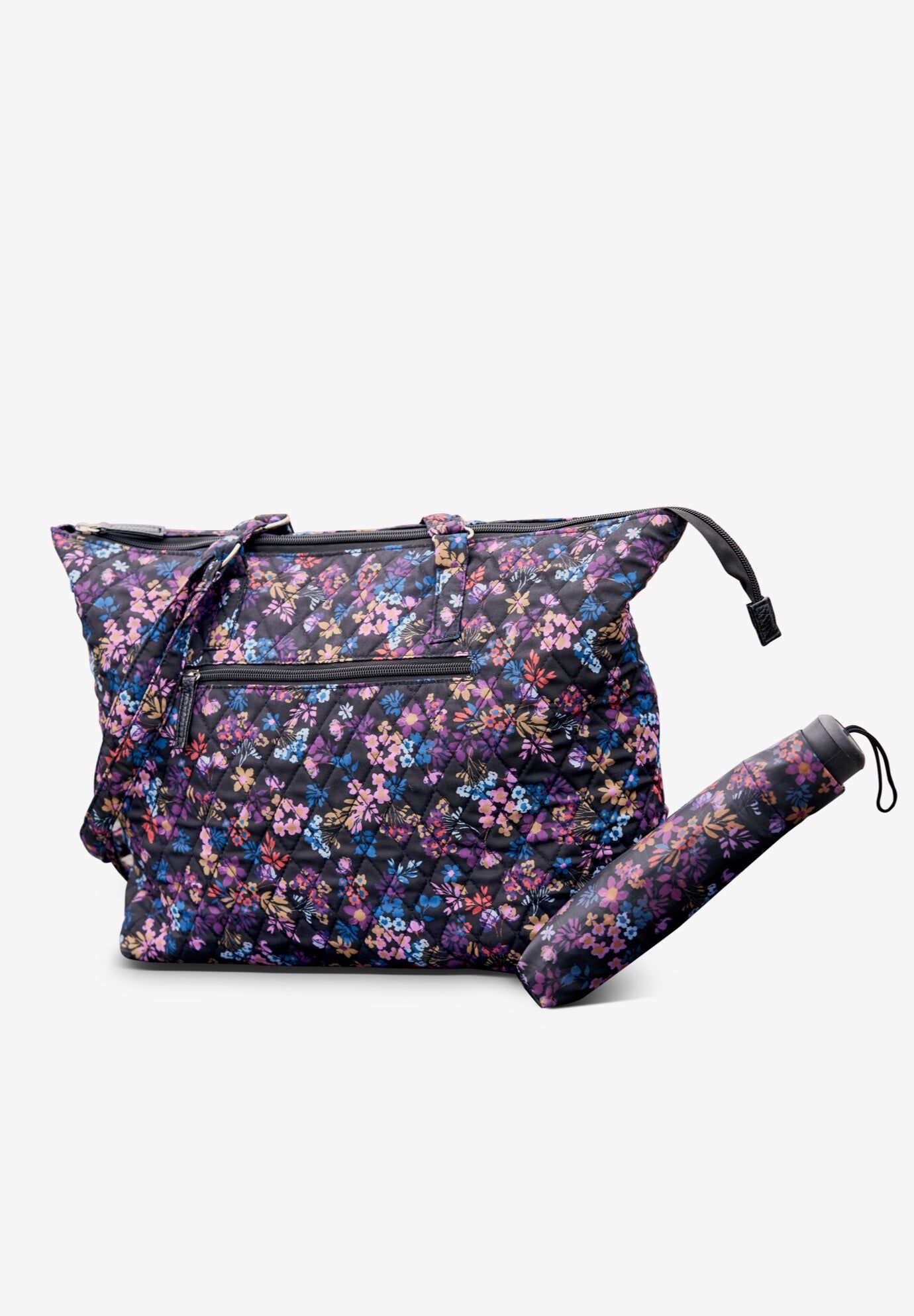 Umbrella and Tote Set, BLACK TOSSED FLORALS, hi-res image number 0