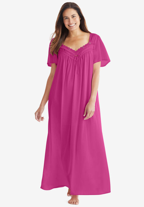 Long Silky Lace-Trim Gown , PARADISE PINK, hi-res image number null