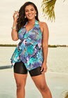 Flared Halter Tankini Top , BLUE TROPICAL FLORAL, hi-res image number null